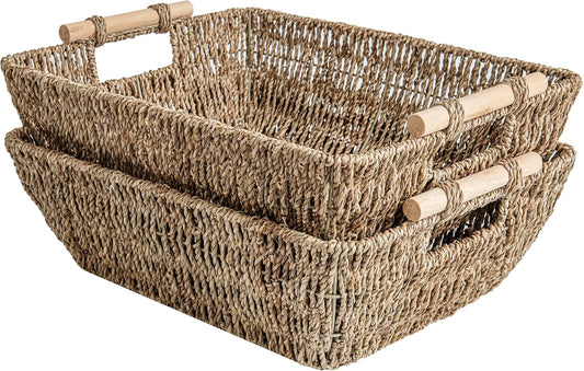 StorageWorks Hand-Woven Jumbo Storage Baskets with Wooden Handles, Seagrass Wicker Baskets for Organizing, 2-Pack
