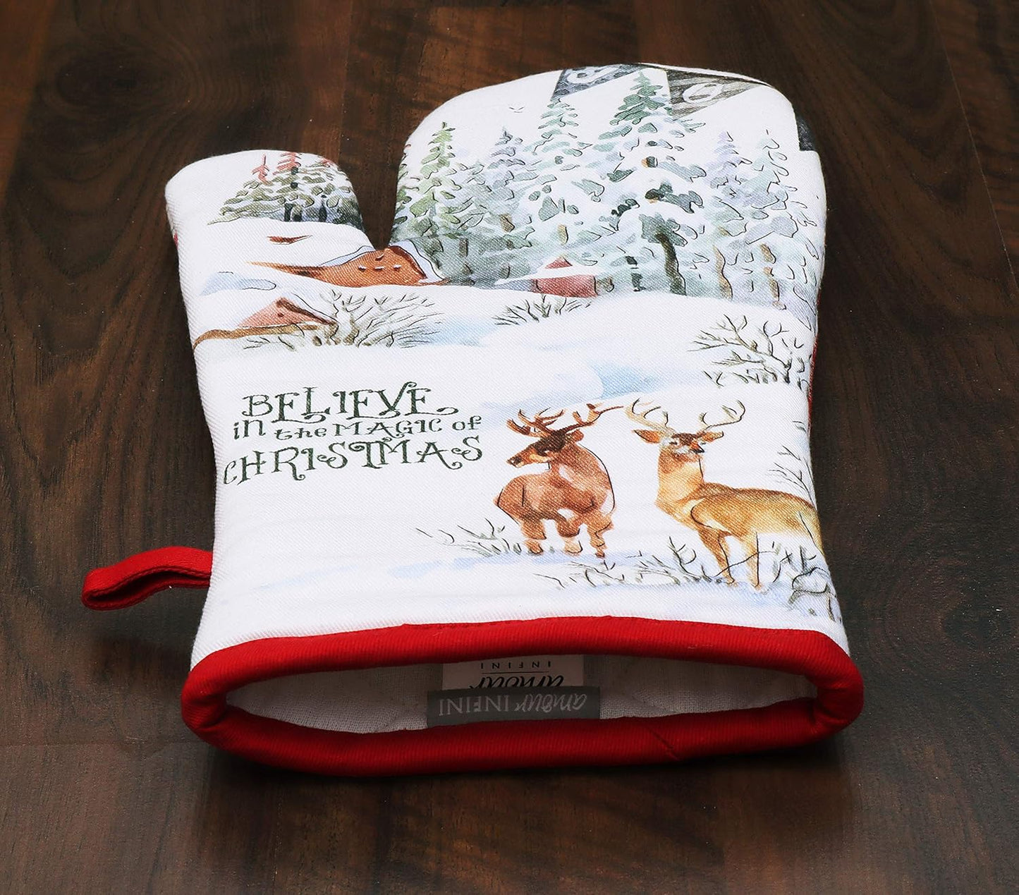 AMOUR INFINI Oven Mitts Set of 1 Quilted Liner with Hanging Loop Non Slip, Heat Resistant, Washable Reusable Oven Mitt Gifts (Christmas Winter 7x13 Inches)