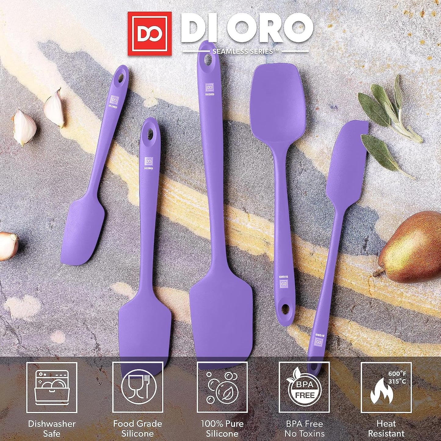 DI ORO Silicone Spatula Set - Rubber Kitchen Spatulas for Baking, Cooking, & Mixing - 600°F Heat-Resistant & BPA Free Silicone Scraper Spatulas for Nonstick Cookware - Dishwasher Safe (5pc, Lavender)