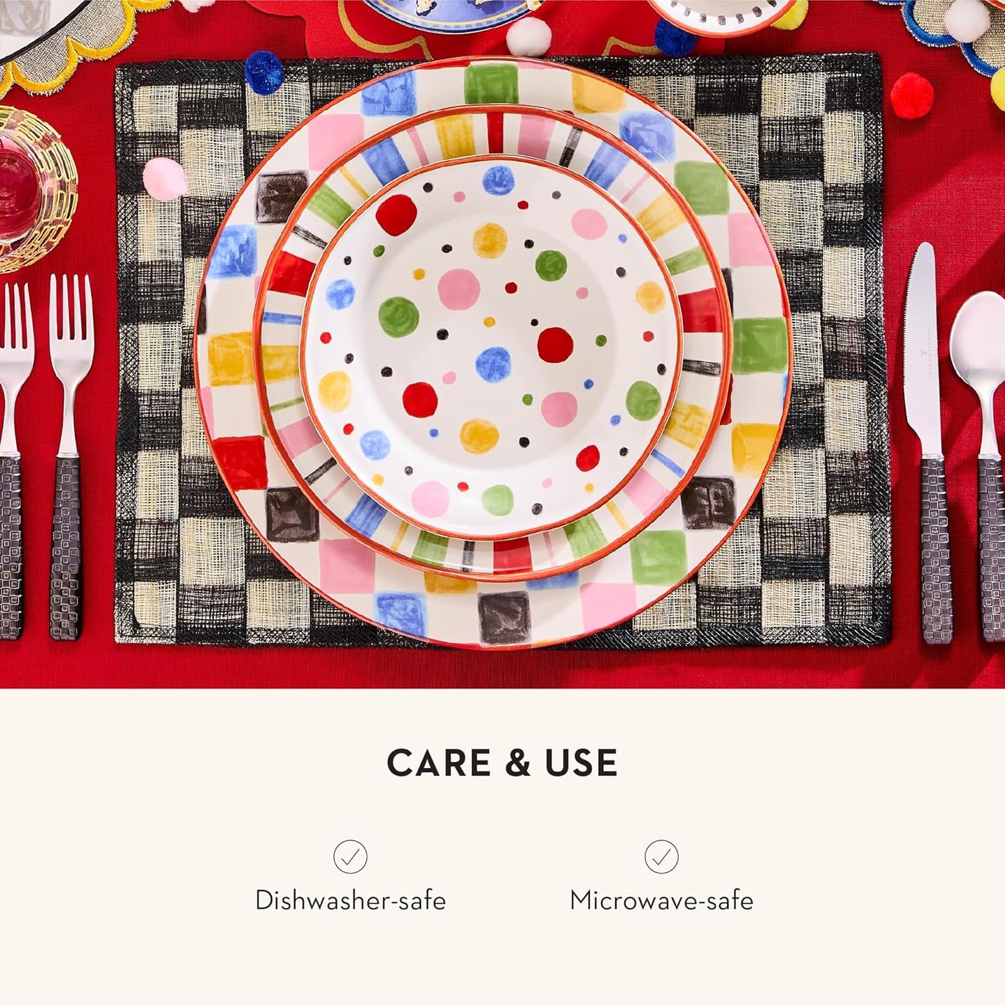 MACKENZIE-CHILDS Round Platter, Dishwasher-Safe and Microwave-Safe Stoneware Serving Platter, Multi Check