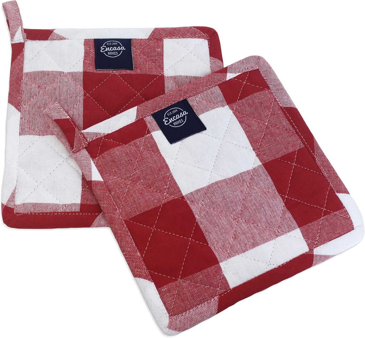 Encasa XO 8 inches Oven Microwave Potholders (2 pc Set) for Kitchen Cooking & Baking - Heat Resistant, Thick & Safe, Protection of Hands from Hot Utensils - Buffalo Red Checks