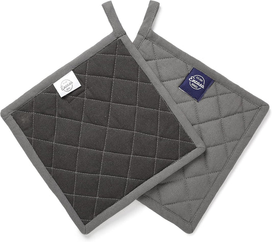 Encasa XO Heat Resistant Cotton Pot Holders with Hanging Loop - Set of 2 - Grey - Multipurpose Quilted Everyday Hot Pad for Kitchen, Camping, BBQ & Microwave - 8x8 in