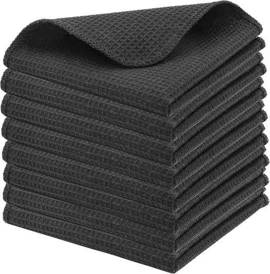 PurpleEssences Dish Cloths and Dish Rags - 8 Pack Waffle Weave Solid Kitchen Dish Wash Cloths, 100% Cotton, 12 x 12 Inches, Ultra Soft Absorbent Quick Drying - Spring Summer - Dark Grey