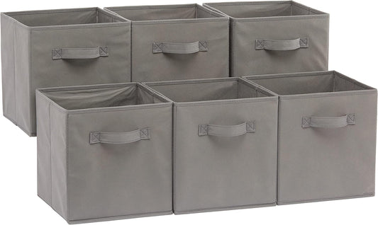 Amazon Basics Collapsible Fabric Storage Cubes Organizer with Handles, Sturdy, Gray, 10.5-x-10.5-x-11-inch, Pack of 6