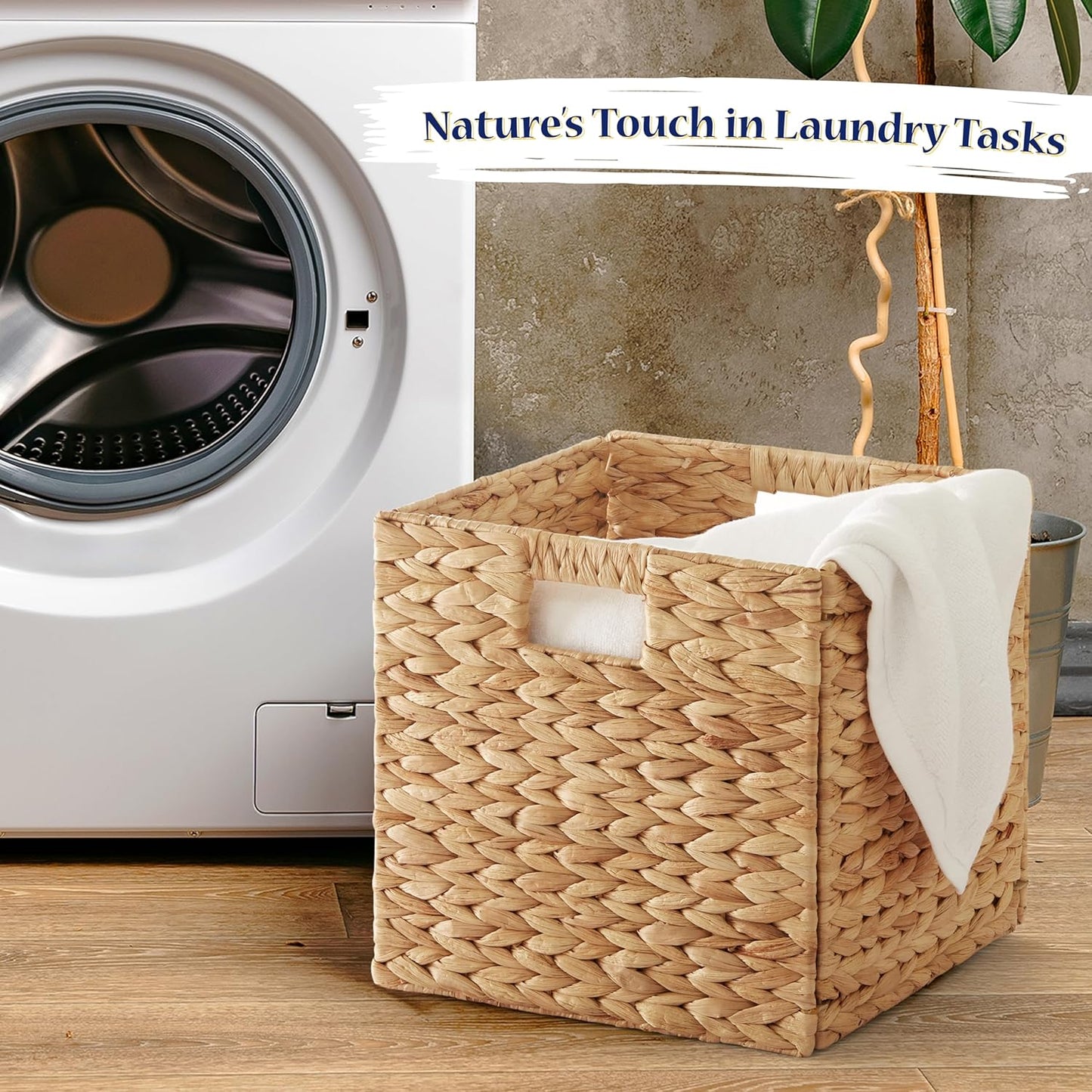 BLUEWEST Water Hyacinth Storage Basket (Set of 4) Woven Hyacinth Storage Basket, Laundry Water Hyacinth Bin for Organizing with Carrying Handles, Rattan for Shelves