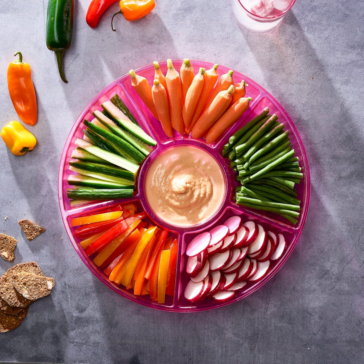 Plasticpro 6 Sectional Round Plastic Serving Tray/Platters Pink Pack of 4