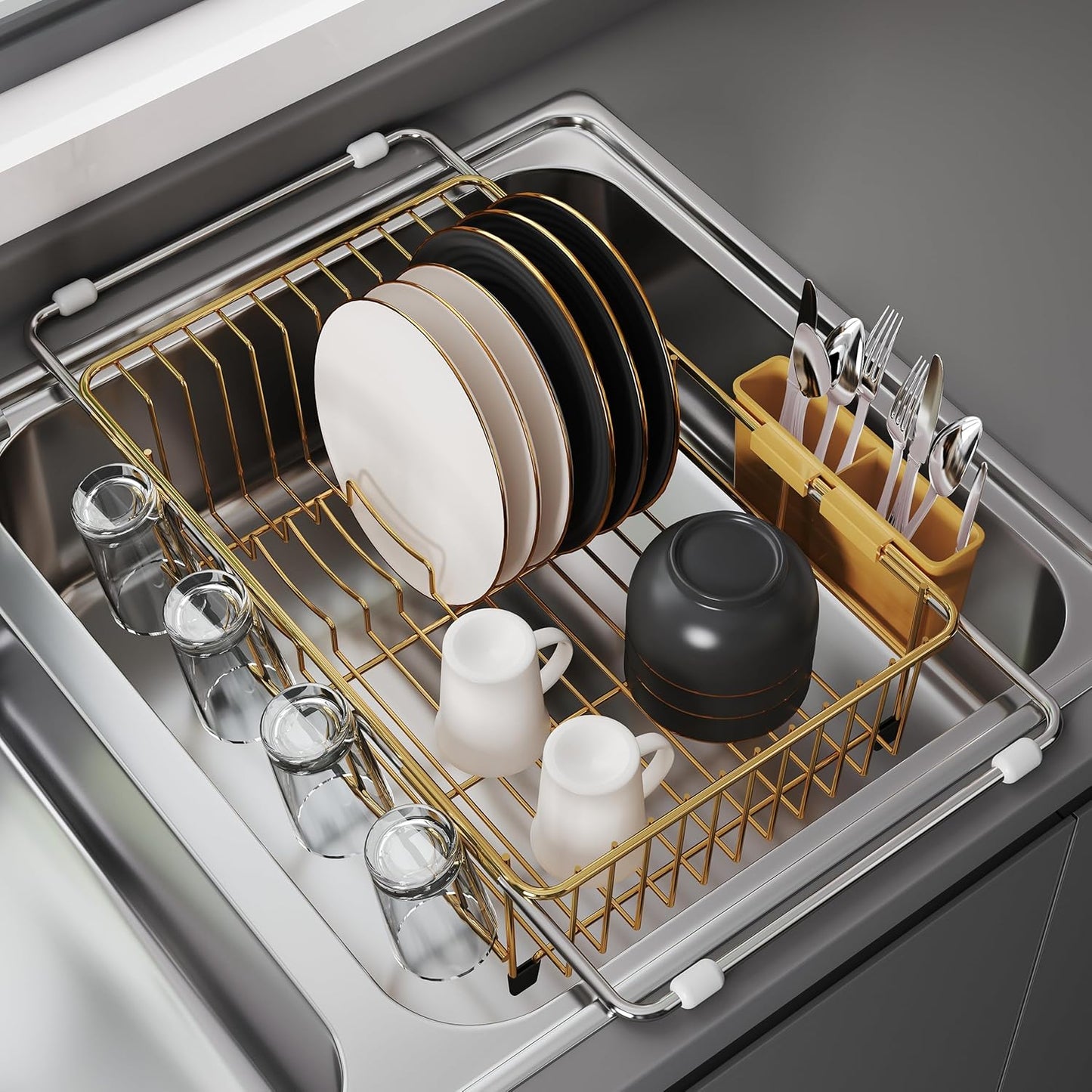 JASIWAY Sink Dish Drying Rack, Expandable Stainless Steel Dish Rack Over Sink, Kitchen Sink Drain Strainer with Cutlery Holder & Cup Holders, Space Saving Plates Dryer Rack, Gold