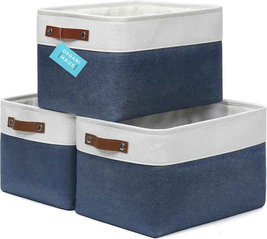 OrganiHaus Large Fabric Storage Baskets for Shelves 3 Pack, 15x11in Closet Storage Bins for Shelves, Cloth Baskets for Organizing, Linen Closet Organizers, Fabric Basket - Navy Blue/White