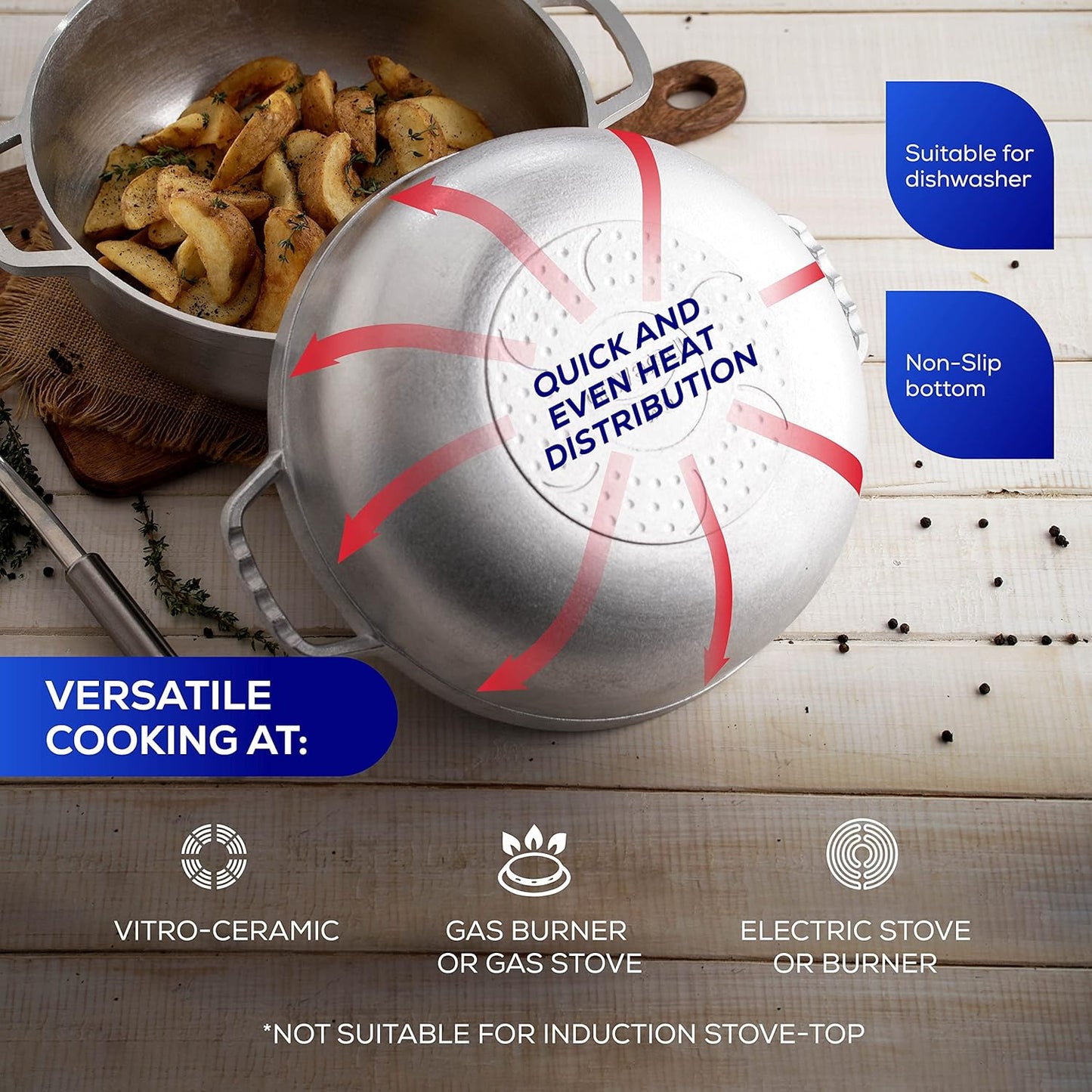 Universal (Small Size) Caldero 9 Cups - 3.4 QT / 3.2 L, Stainless Aluminum Pot, Even Heat Distribution and Fast Cooking Dutch Oven Pot, Ergonomic Handles, Ideal for Rice, French Fries, and More