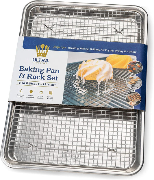 Ultra Cuisine Aluminum Baking Sheet with Stainless Steel Cooling Rack Set -Half Sheet Size Pan 13 x 18 inch, Durable Rimmed Sides, Easy Clean, Commercial Quality for Cooking and Roasting