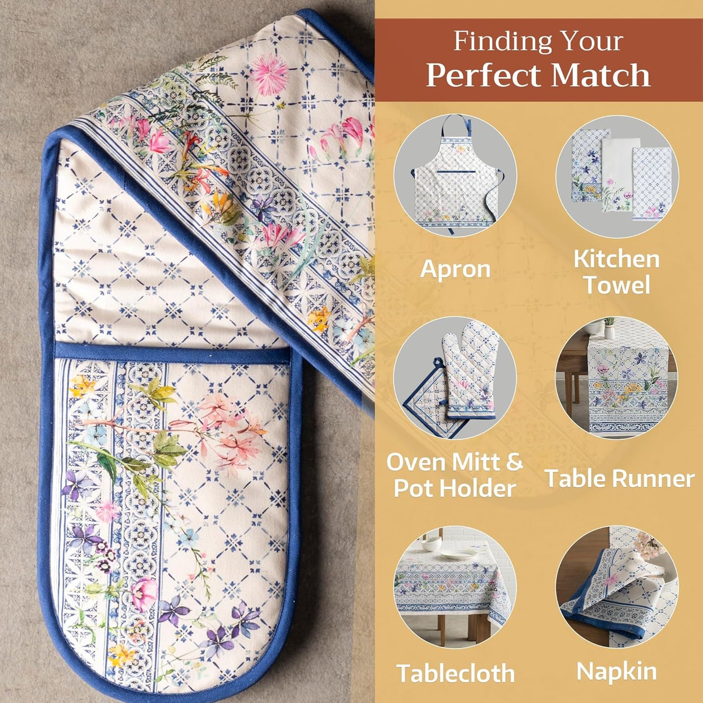 Maison d' Hermine Double Oven Mitts 100% Cotton 7"x35" Double Oven Mitt Heat Resistant BBQ Cooking Gloves with Loop, Baking, Grilling, Home, Kitchen, Handling Hot Pans Spring Summer (Faience)