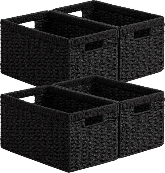 UBBCARE 4 Pack Wicker Basket, 13.4L×8.3H×7.1W inch Woven Paper Rope Storage Baskets for shelves, Foldable Rectangular Storage Baskets with Handle, Storage Basket for Organizing, Black