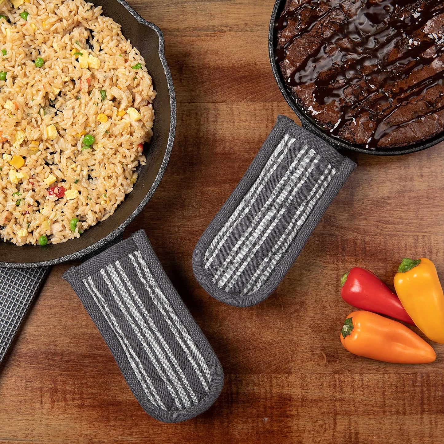 Sticky Toffee Pan Handle Covers for Cast Iron Skillet, Set of 2, Gray Heat Resistant Sleeves, 3 x 6 in, Oeko-Tex Cotton Hot Pot Holders