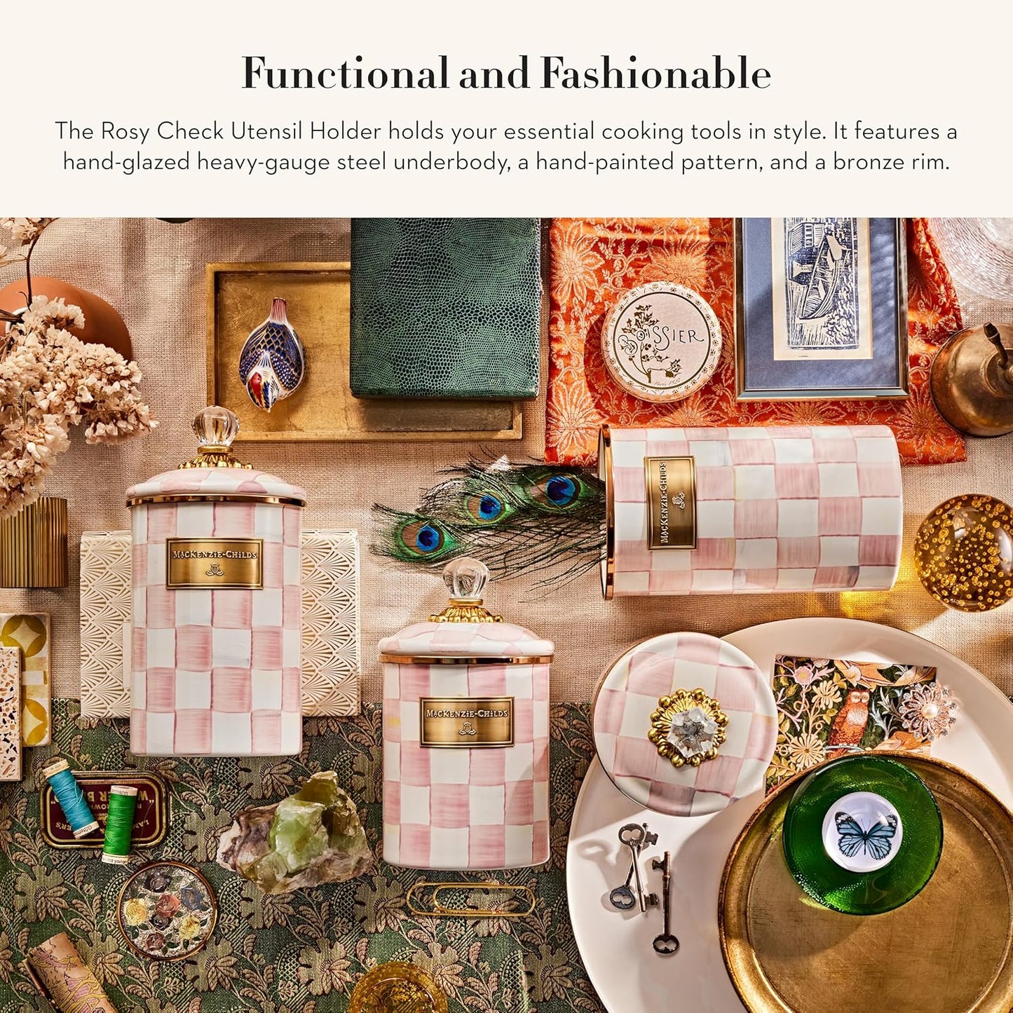 MACKENZIE-CHILDS Enamel Utensil Holder, Kitchen Utensil Holder for Countertop, Storage Caddy, Pink-and-White Rosy Check